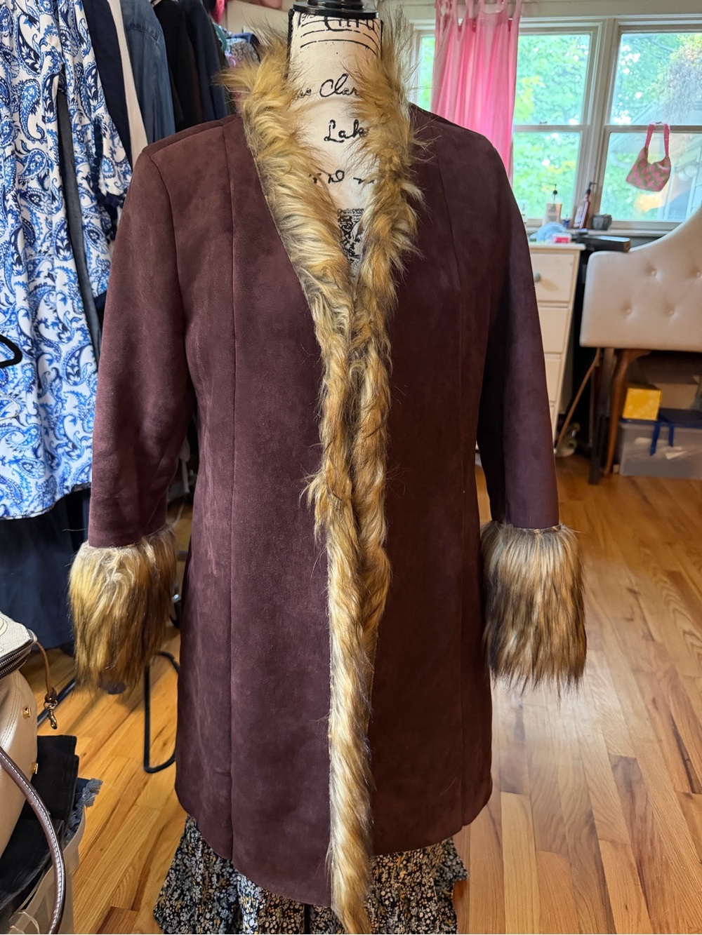 Princess Polly Brown Faux Fur Trim Suede Trench Coat